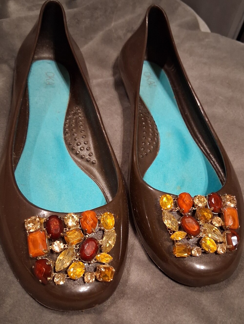 Oka-B Brown Fall Jelly Ballet Flats Rhinestone Gemstone Comfort Size 7 Made USA